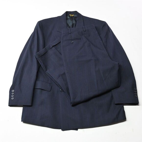 Vtg Palm Beach USA Made 44L 36x30 Navy Wide Stripe Wool Coat Jacket‎ Pants Suit - Picture 1 of 12